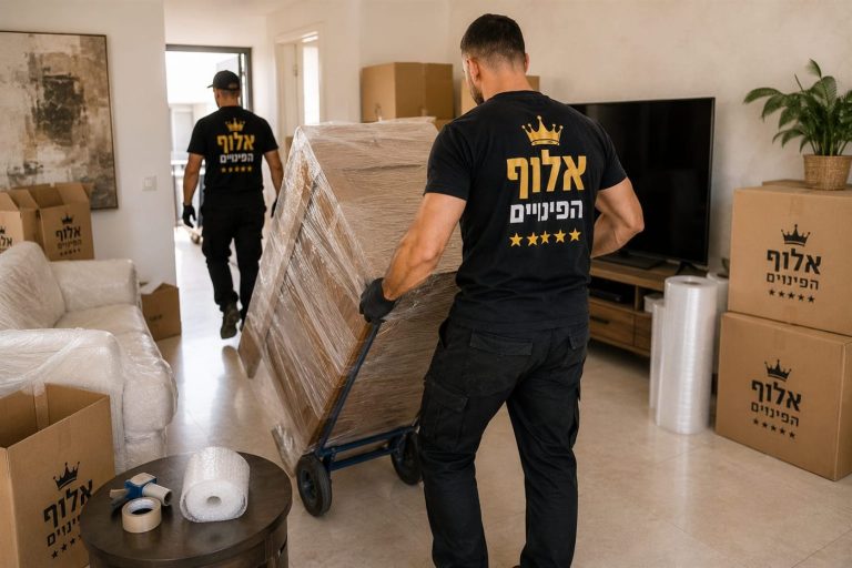 עובד אלוף הפינויים מעביר רהיט עטוף על עגלת הובלה