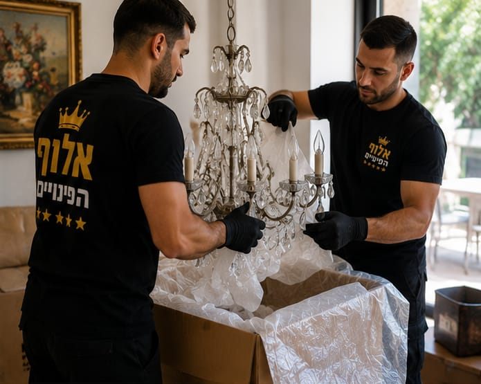 שני עובדי אלוף הפינויים אורזים נברשת קריסטל בארגז