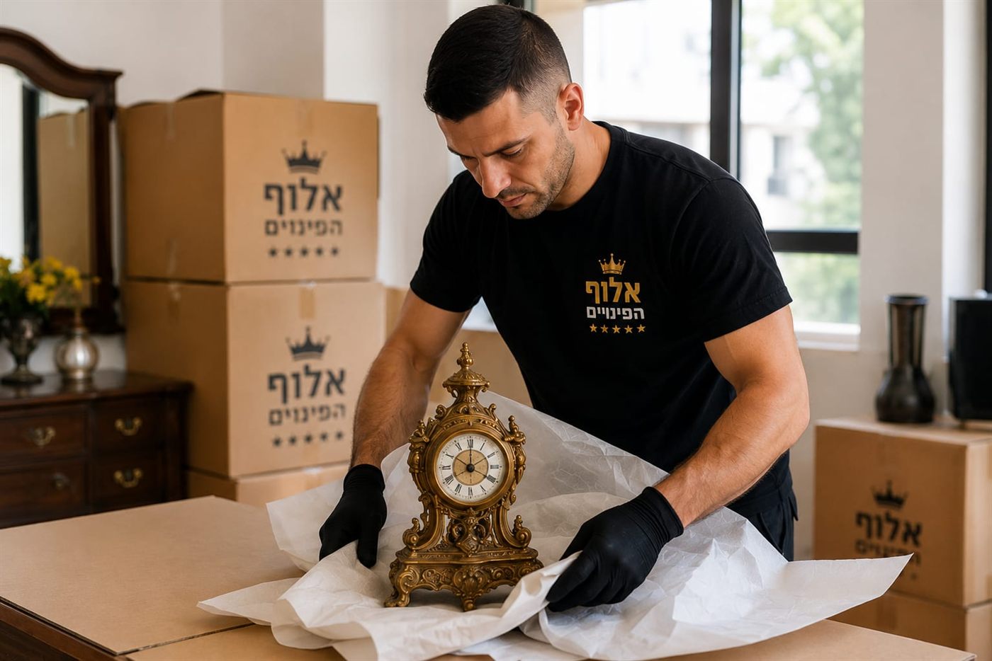 עובד אלוף הפינויים עוטף שעון עתיק בנייר אריזה לפני פינוי