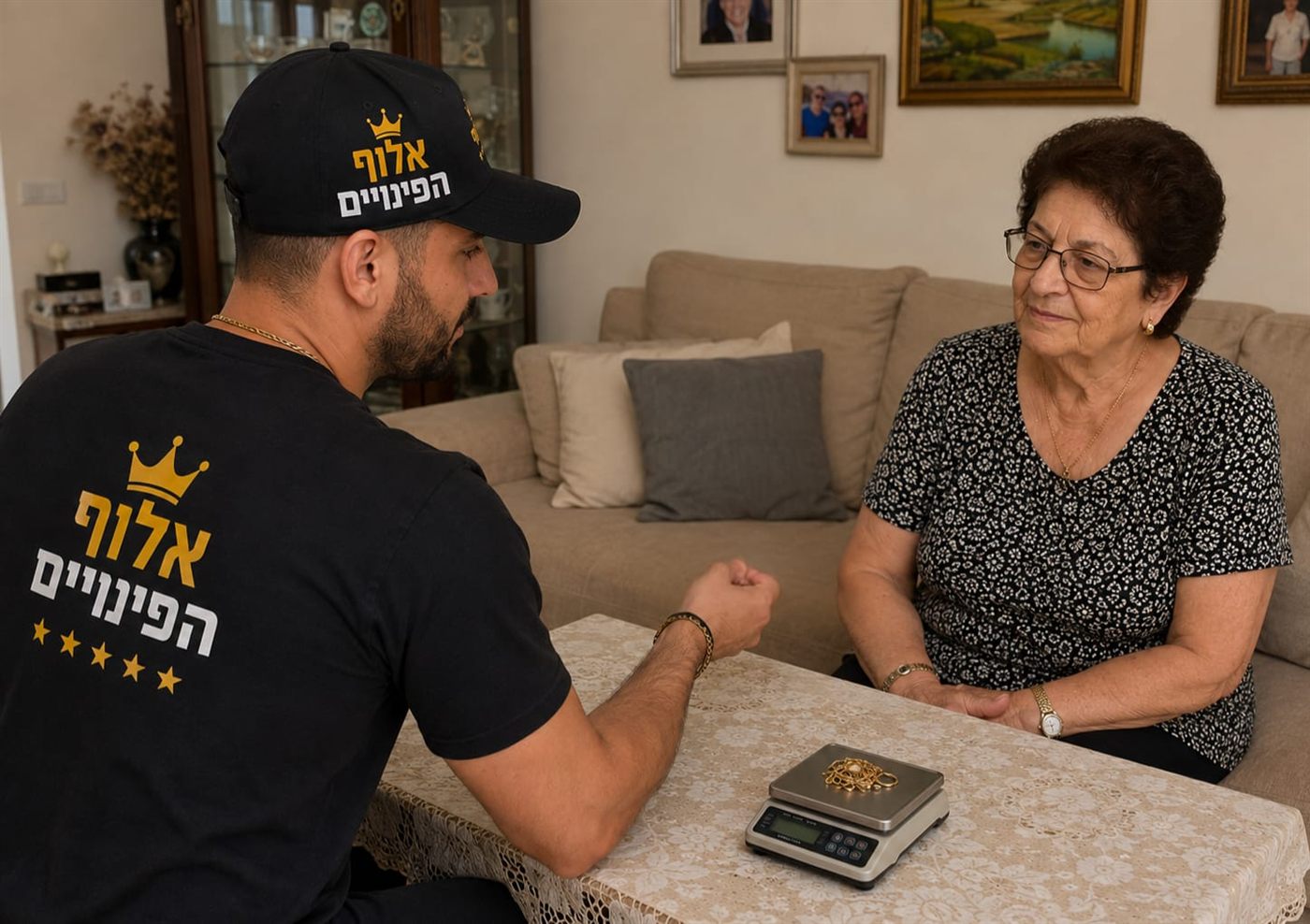 נציג אלוף הפינויים מעריך תכשיטי זהב על משקל מול לקוחה בביתה