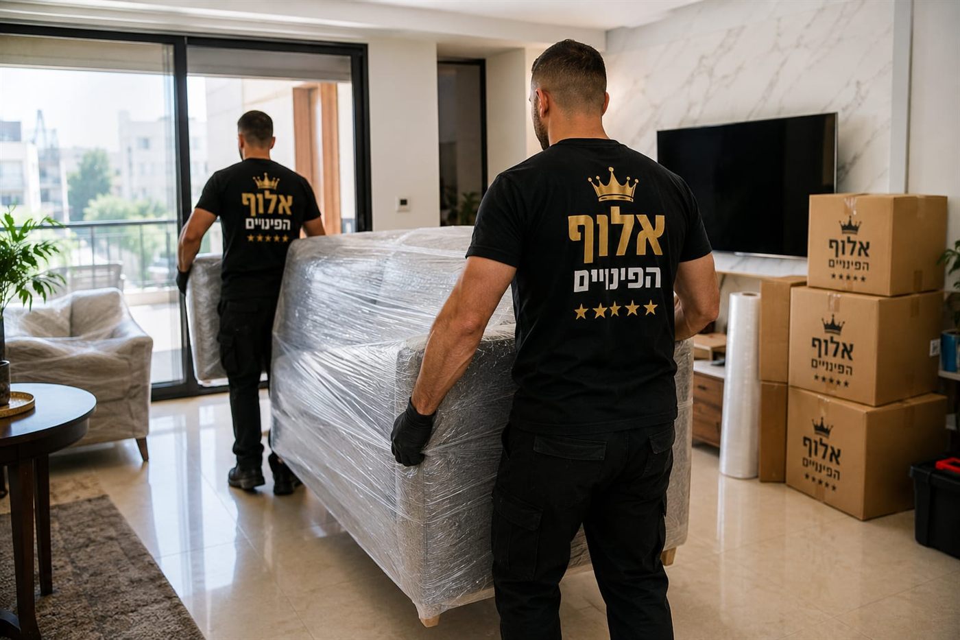 שני עובדי אלוף הפינויים מוציאים ספה עטופה מדירה