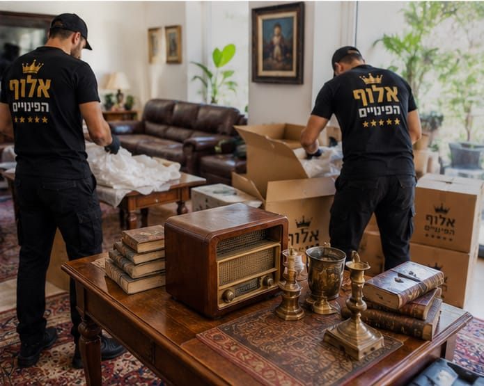 עובדי אלוף הפינויים ממיינים תכולה עתיקה — ספרים, רדיו ופמוטים