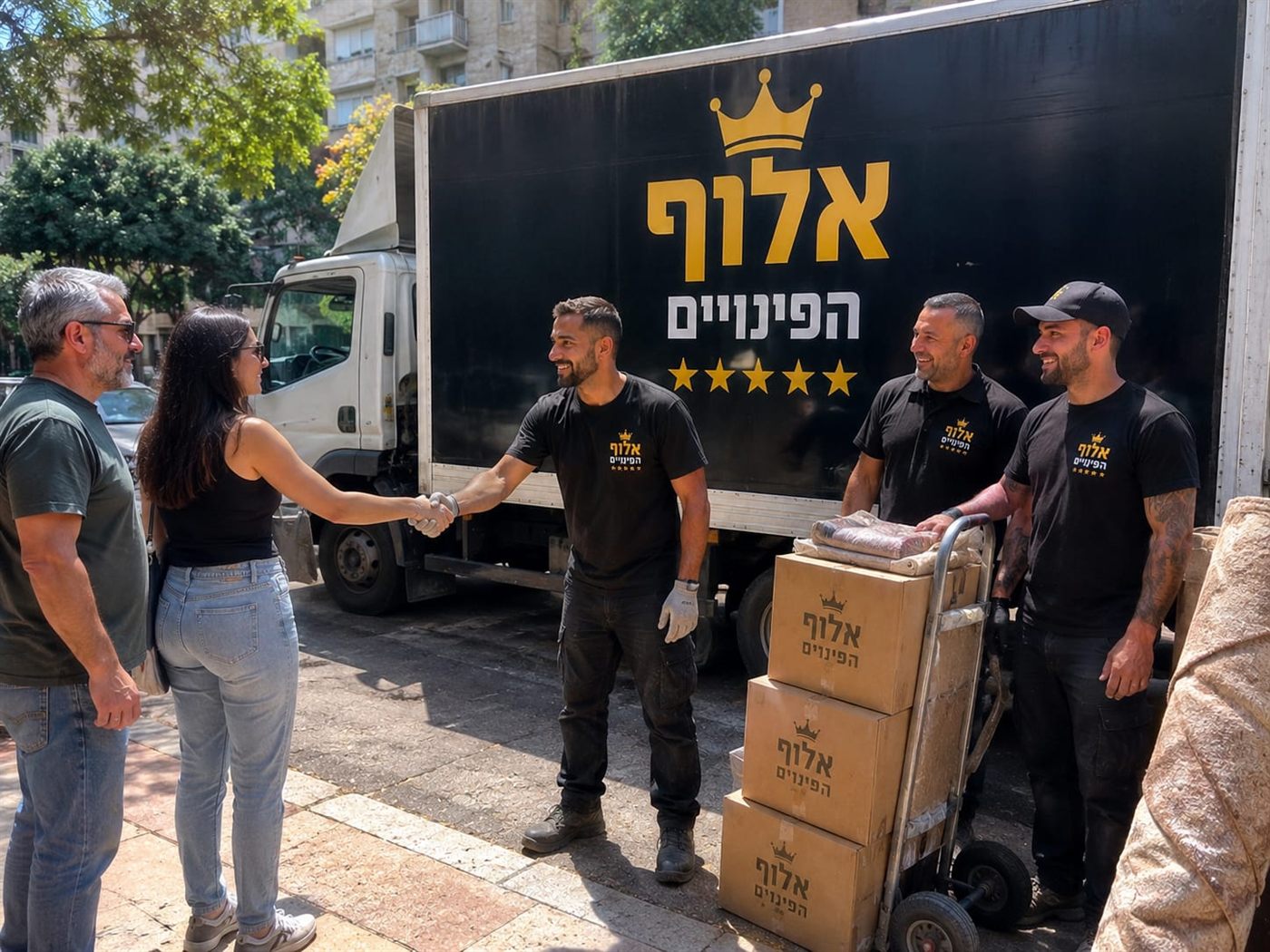 צוות אלוף הפינויים לוחץ יד ללקוחות מול משאית ממותגת של החברה